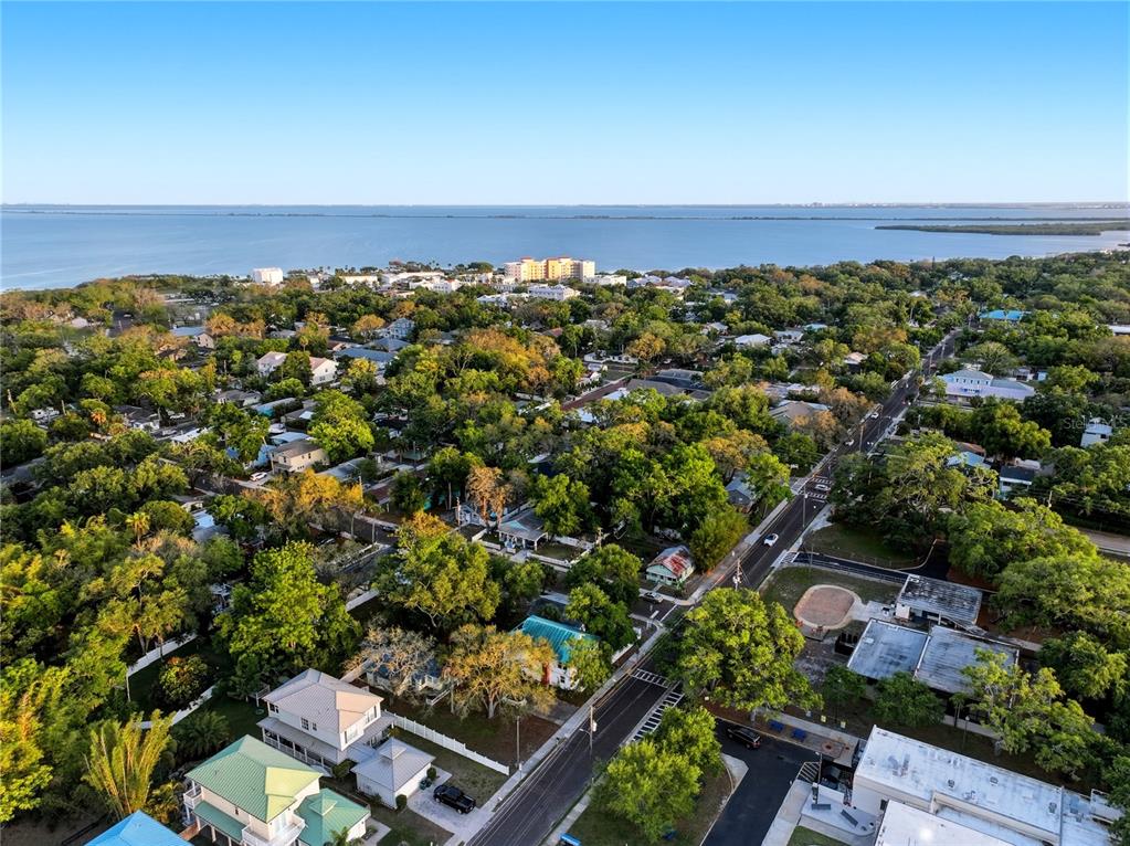 An aerial view shows a coastal neighborhood with houses, dense trees, and a large body of water — 526 5TH AVENUE N, SAFETY HARBOR, FL