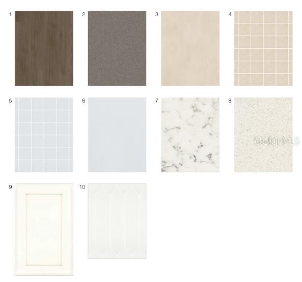 This image shows a grid of ten material and finish samples for interior design — 7532 MOONBEAM AVENUE, SARASOTA, FL