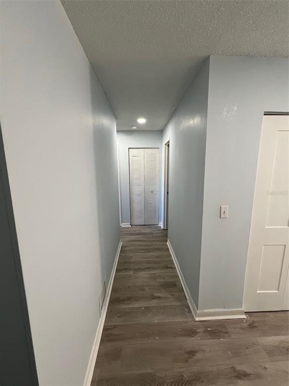 A hallway with light blue walls and wood-look flooring leads to a closed closet door — 5750 80TH STREET N UNIT B203, ST PETERSBURG, FL
