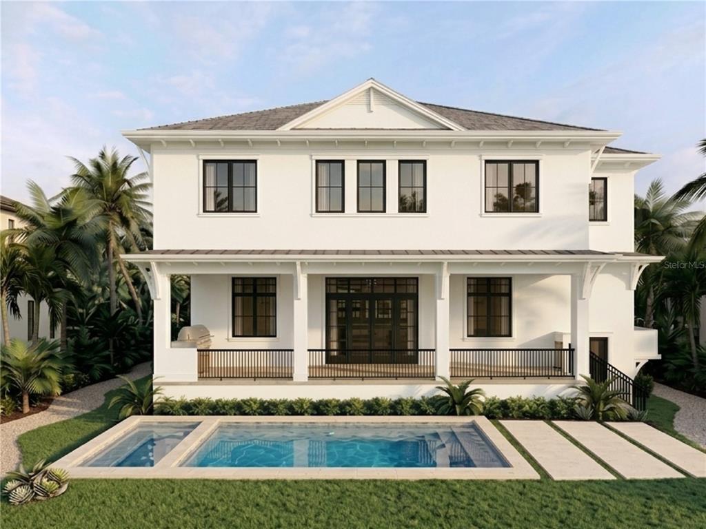 A digital rendering of a two-story white house with a rear porch and swimming pool — 469 SEVERN AVENUE, TAMPA, FL