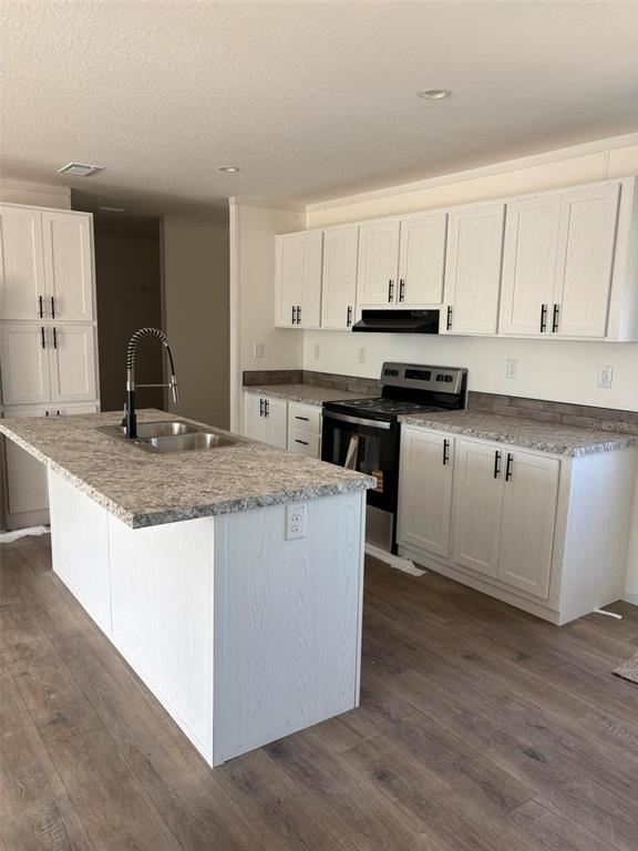A kitchen features white cabinets, a granite-topped island with a sink, and wood-look flooring — 15983 NW 272ND STREET, OKEECHOBEE, FL