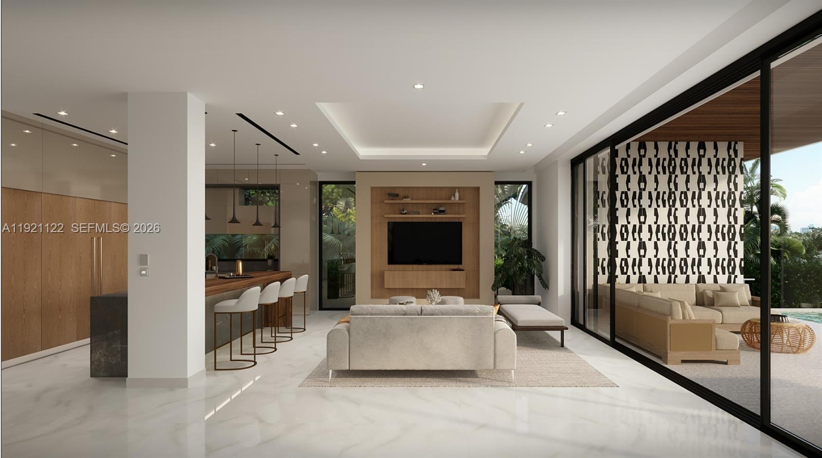This rendering shows a modern open-concept living room and kitchen with marble floors and patio — 4230 Chase Ave, Miami Beach FL 33140, MIAMI BEACH, FL
