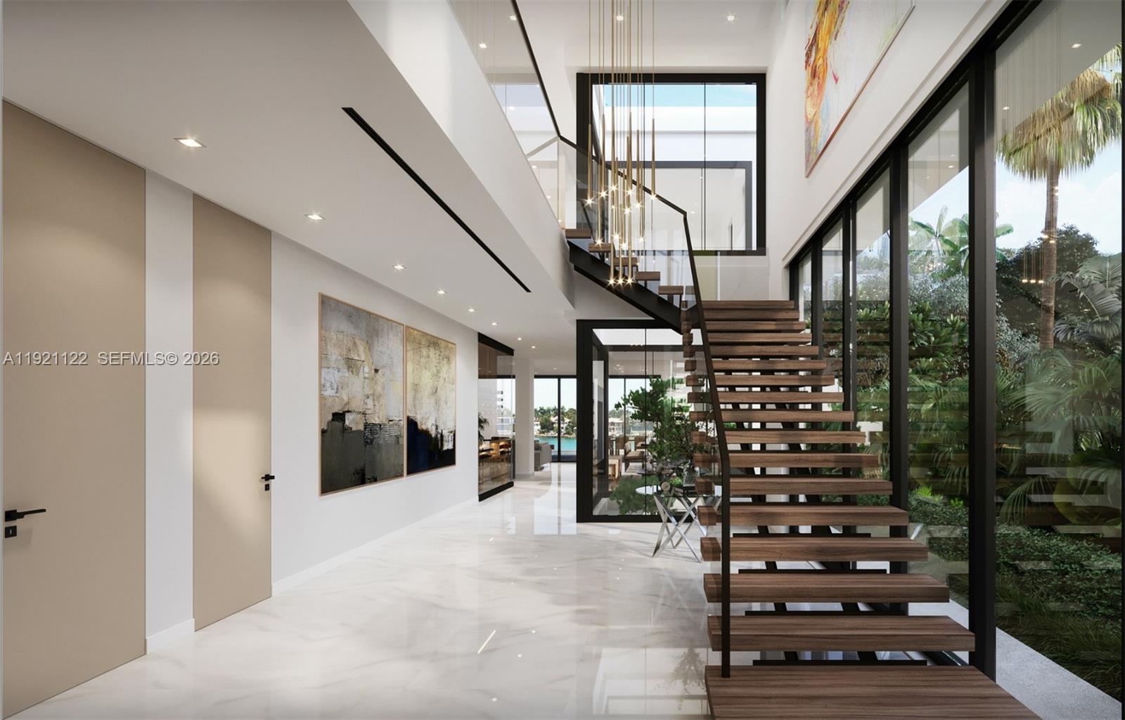 This rendering shows a modern foyer with a floating wooden staircase and marble flooring — 4230 Chase Ave, Miami Beach FL 33140, MIAMI BEACH, FL