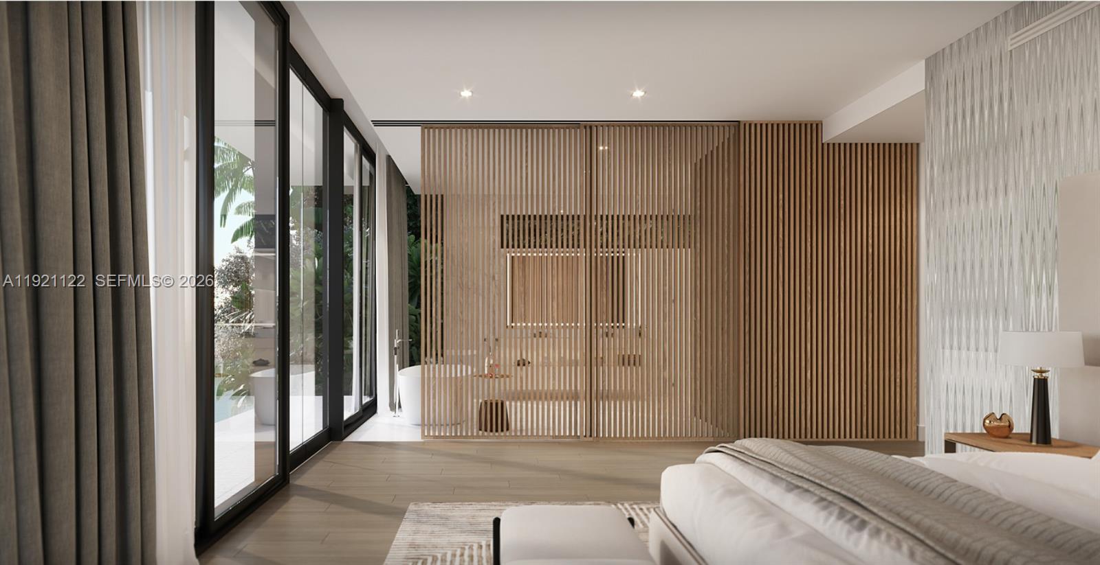 This rendering shows a modern bedroom with a slatted wood screen separating an en-suite bathroom — 4230 Chase Ave, Miami Beach FL 33140, MIAMI BEACH, FL