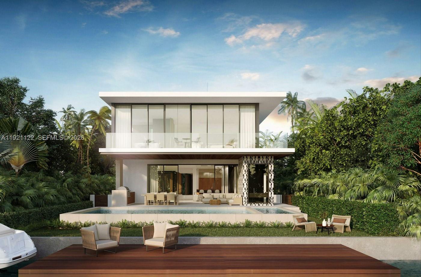 This architectural rendering shows a modern two-story waterfront home with a pool and wooden dock — 4230 Chase Ave, Miami Beach FL 33140, MIAMI BEACH, FL