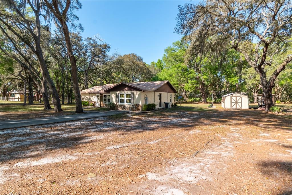 A single-story house with a stone facade sits on a wooded lot with a shed — 3005 SE 160TH LANE ROAD, SUMMERFIELD, FL
