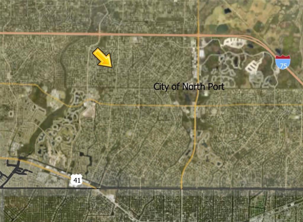 This is a satellite map showing the location of a property in North Port, Florida — Lot 18 ABBINGTON STREET, NORTH PORT, FL