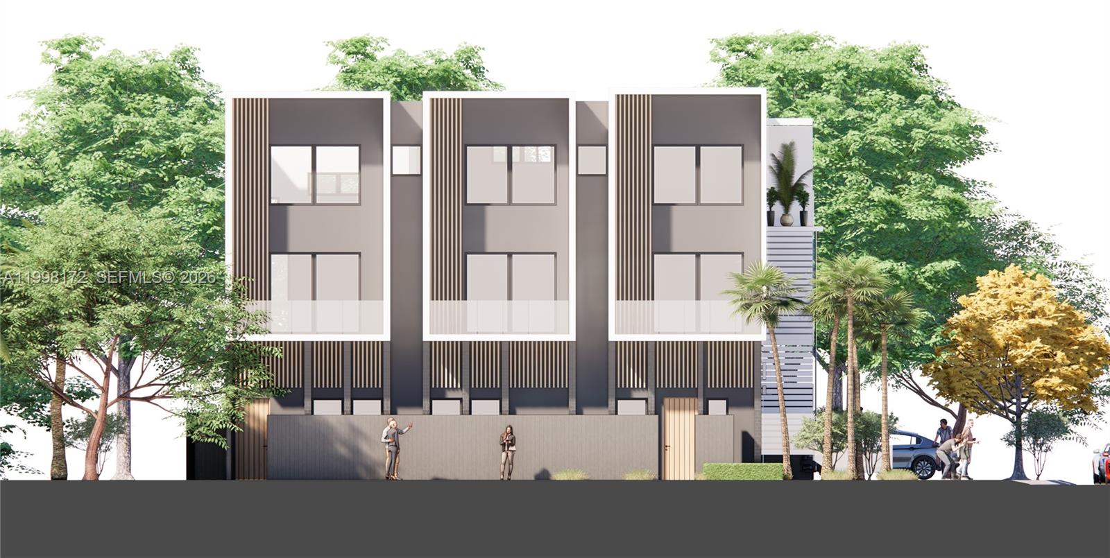 This is a rendering of a modern three-story townhouse complex with vertical wood accents — 2001 Monroe St, Hollywood FL 33020, HOLLYWOOD, FL