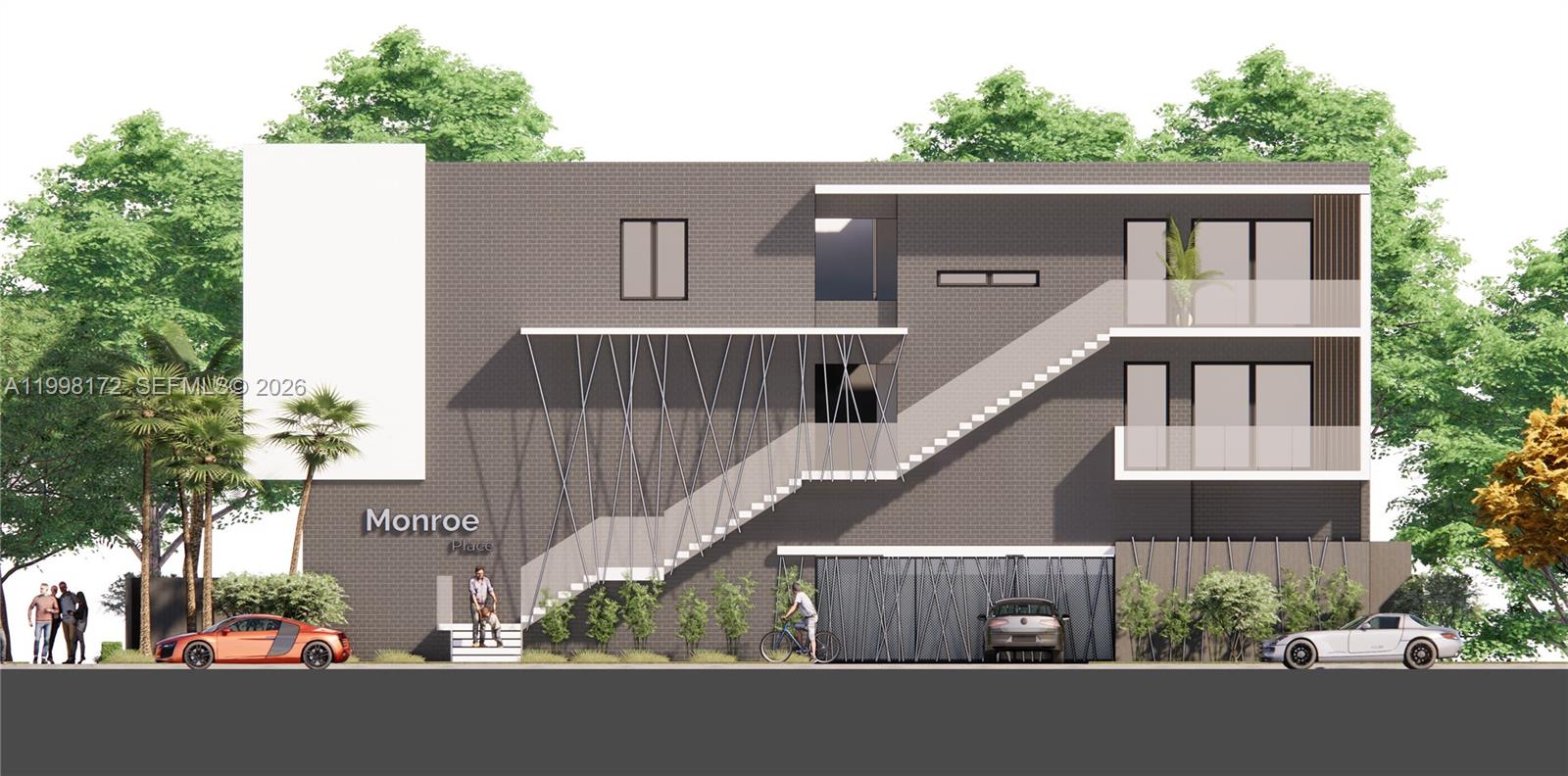 This architectural rendering shows the exterior of a modern three-story brick apartment building — 2001 Monroe St, Hollywood FL 33020, HOLLYWOOD, FL