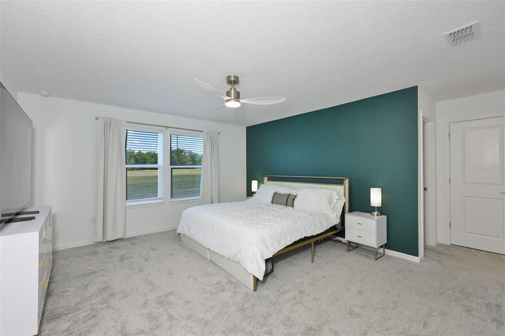 A bedroom features a teal accent wall, a white bed, and a ceiling fan — 3070 FOREST MEADOW AVENUE, VALRICO, FL