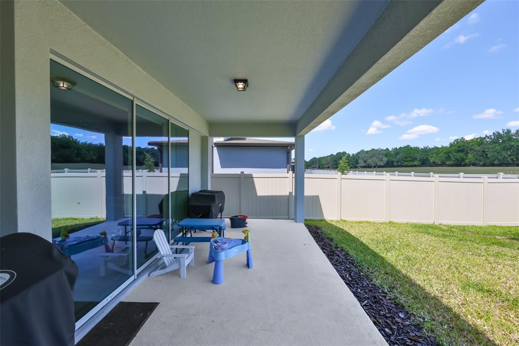A covered concrete patio features a sliding glass door, a grill, and children's outdoor furniture — 3070 FOREST MEADOW AVENUE, VALRICO, FL