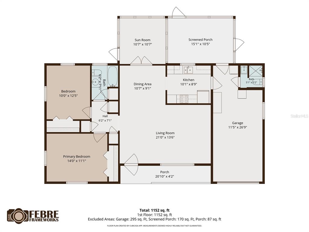 This is a floor plan for a single-story home featuring two bedrooms, a garage, and porches — 808 WOODLEY ROAD, CLEARWATER, FL