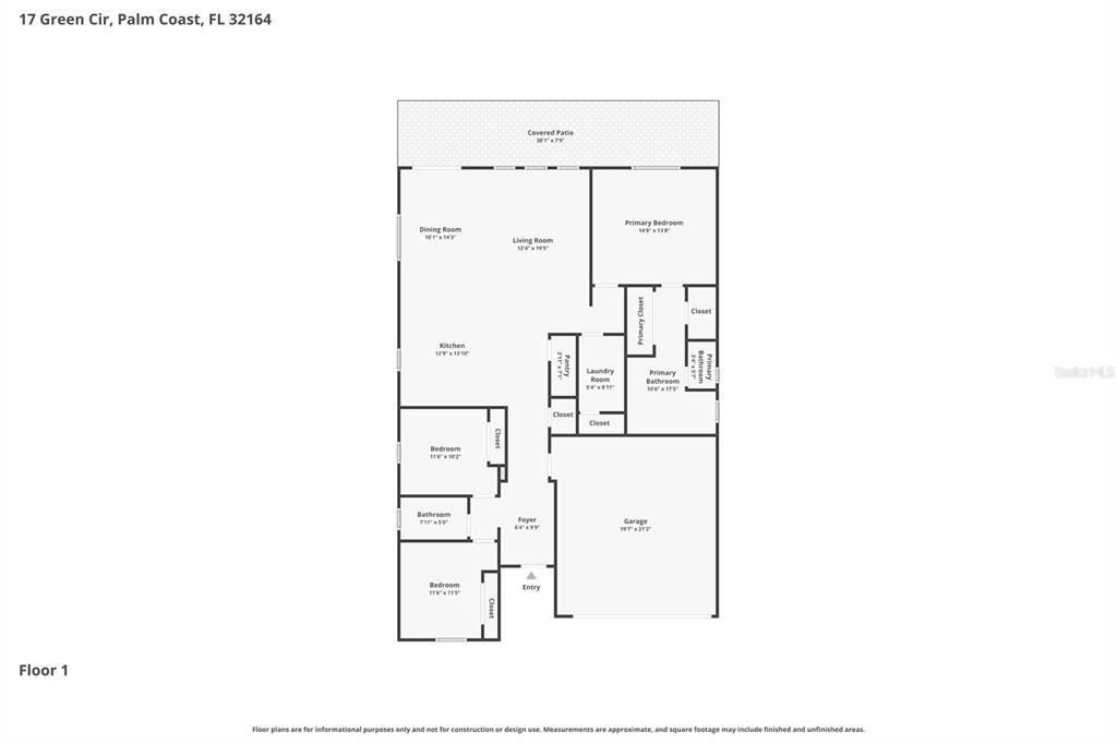This is a floor plan for a single-story house with a garage and covered patio — 17 GREEN CIRCLE, PALM COAST, FL