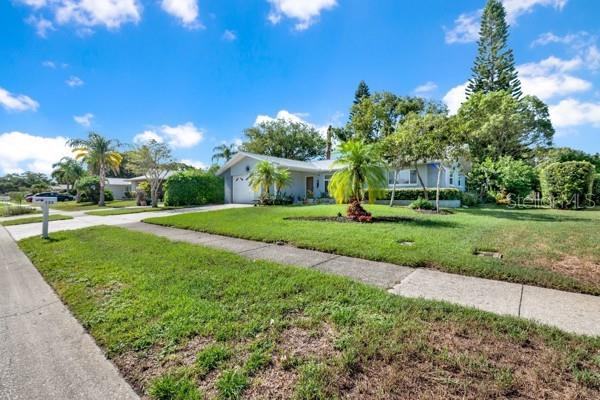 A single-story house with a light-colored exterior sits behind a lawn with palm trees — 133 STAFFORD CIRCLE, PALM HARBOR, FL