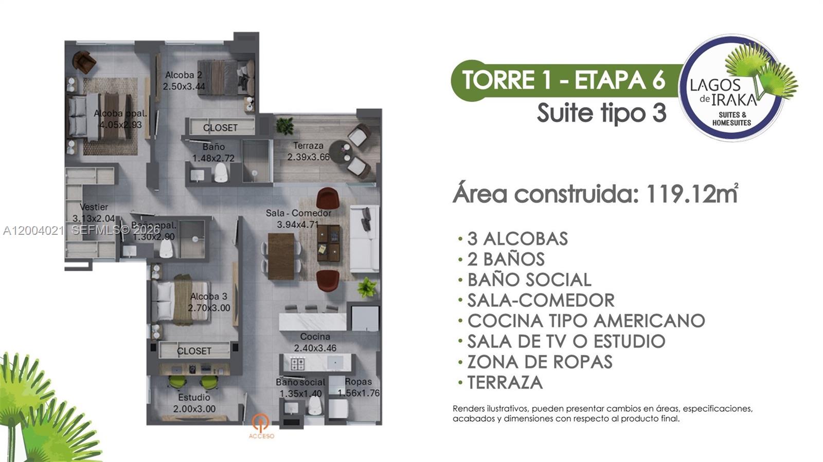 This is a floor plan rendering for a three-bedroom apartment with a terrace and balcony — KM 1 Lagos de Iraka Suites & HomeSuite # 103, co 9999, co