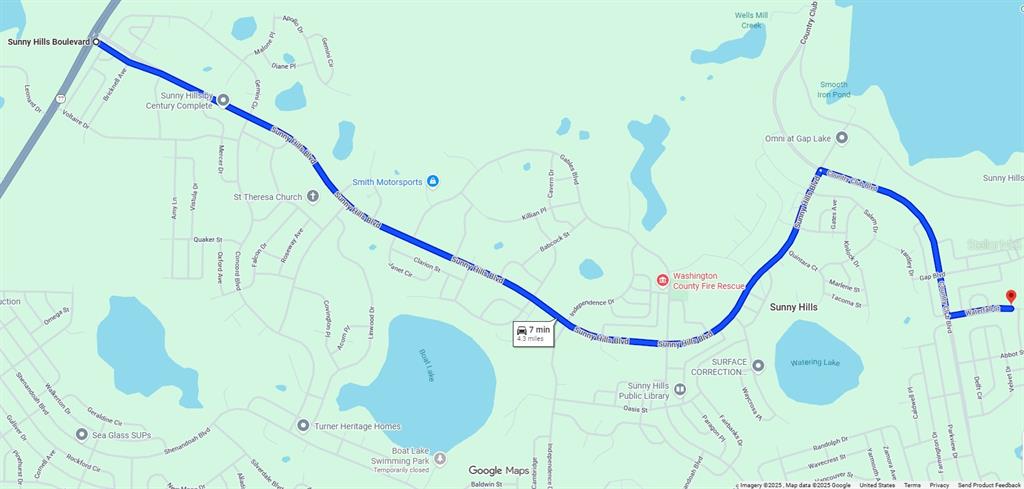 This is a map showing a driving route along Sunny Hills Boulevard in Sunny Hills — Lot 16 Unit 2 Blk 208 WATERFALL STREET, CHIPLEY, FL