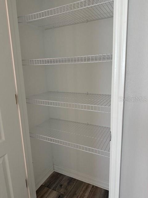 A narrow pantry closet features white wire shelving and wood-look flooring — 302 MAYBECK COURT, SANFORD, FL