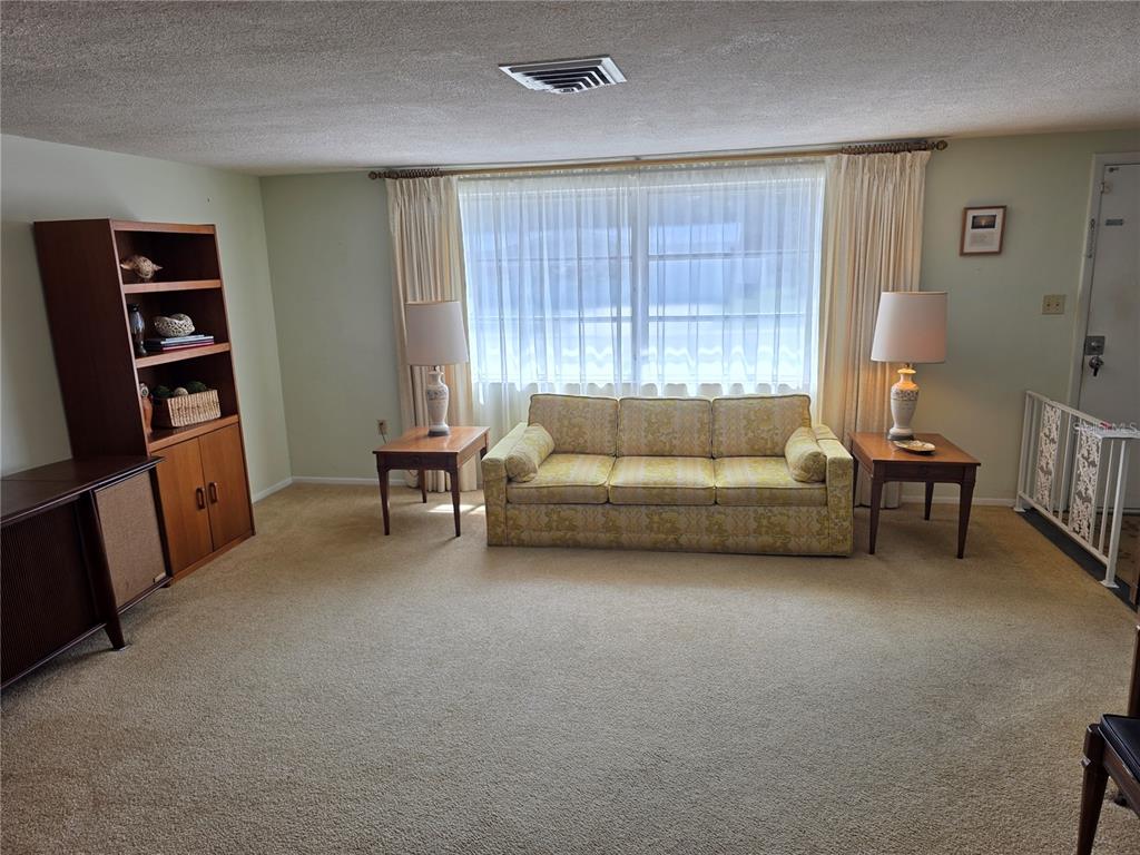 A living room features beige carpeting, a patterned sofa, two end tables, and a bookshelf — 7207 ASHWOOD DRIVE, PORT RICHEY, FL