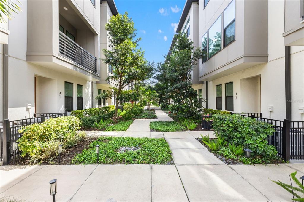 A paved walkway leads between two modern townhouses with landscaped gardens and black metal fences — 2511 N GRADY AVENUE UNIT 16, TAMPA, FL