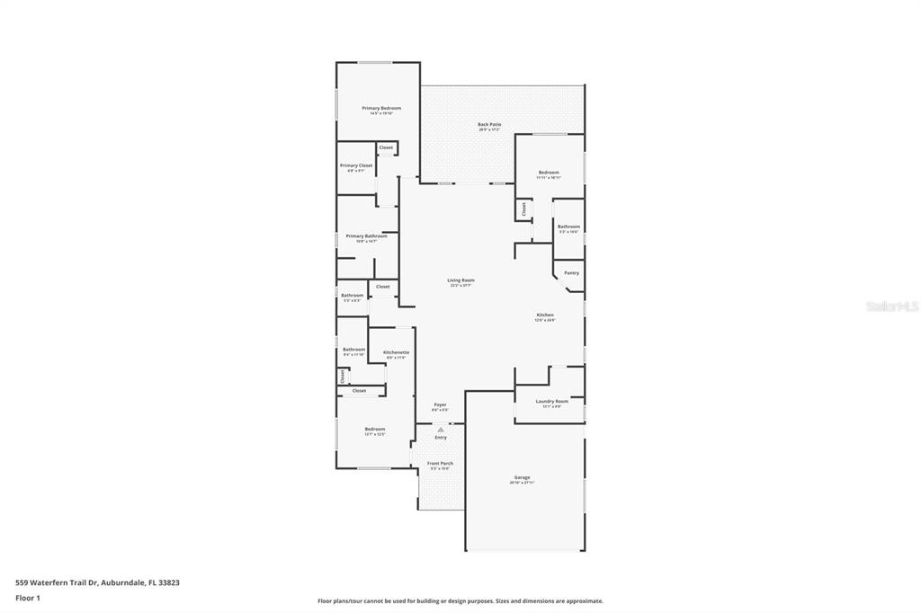 This is a floor plan for a single-story residential home with a garage and patio — 559 WATERFERN TRAIL DRIVE, AUBURNDALE, FL