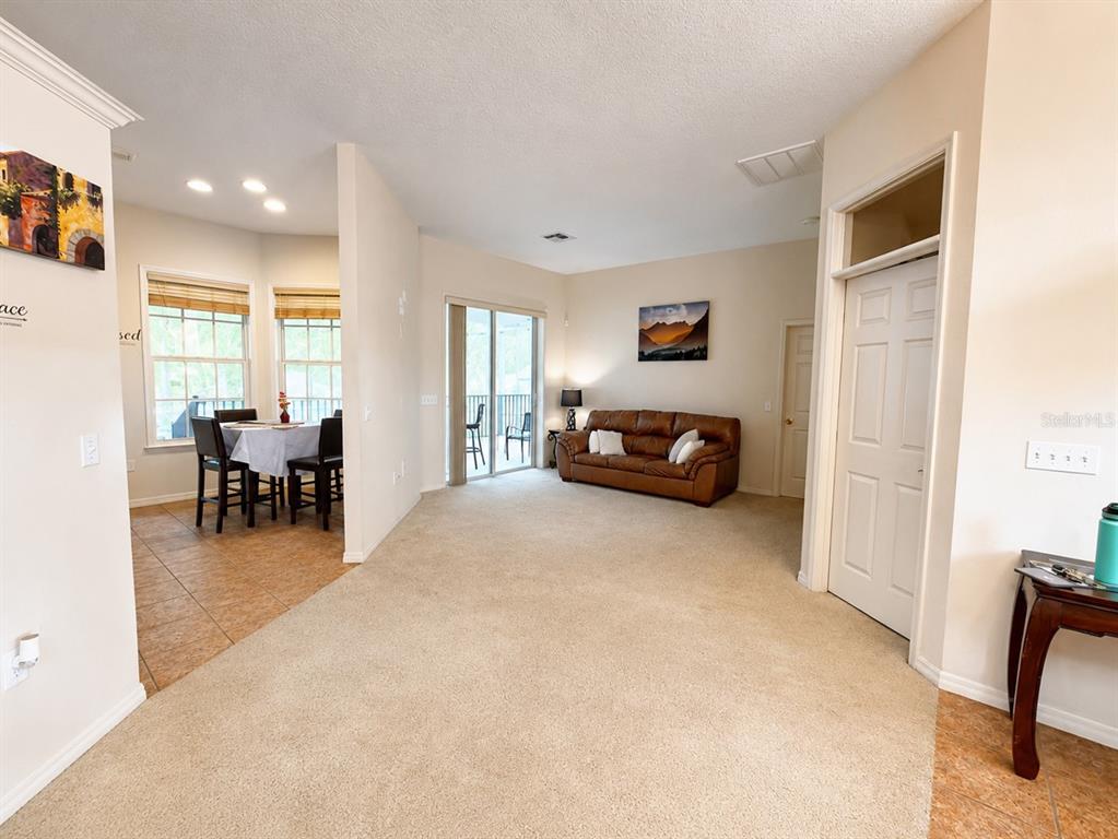A living room with beige carpet, a brown leather sofa, and an adjacent dining area — 5635 CANVASBACK COURT, LAKELAND, FL