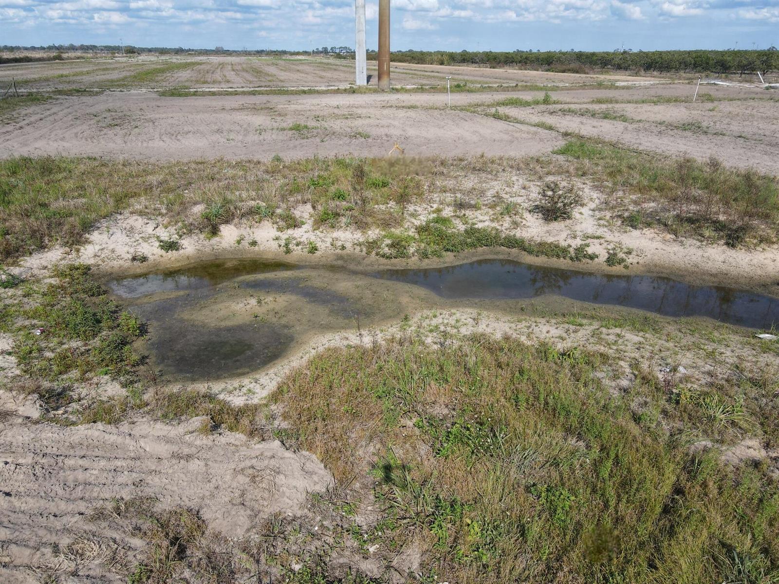 A small, shallow pond sits in a sandy, grassy field under a blue sky — 6694 5th Road, FL 33935, FL