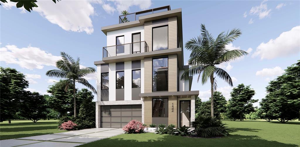 A digital rendering of a modern three-story house with a garage and palm trees — 132 GRANT DRIVE, SARASOTA, FL