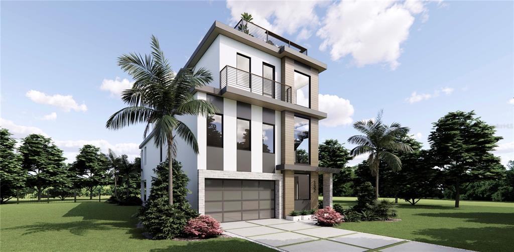 This is a rendering of a modern three-story house with a garage and rooftop deck — 132 GRANT DRIVE, SARASOTA, FL