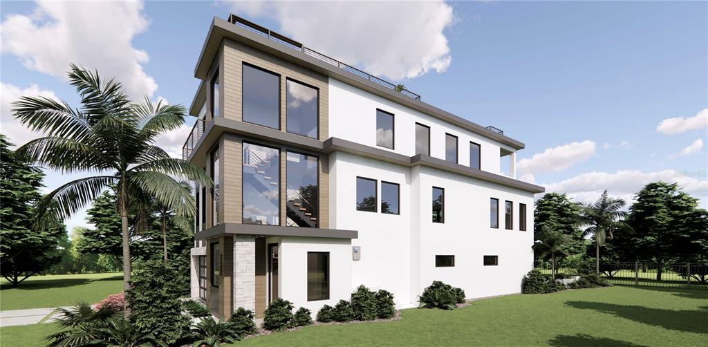 This is a digital rendering of a modern three-story house with white and wood-paneled siding — 132 GRANT DRIVE, SARASOTA, FL