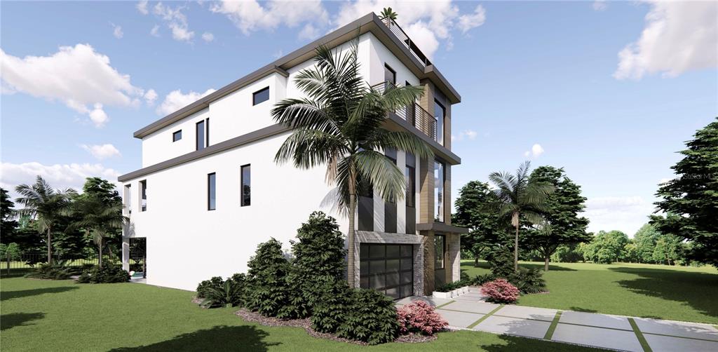 This is a rendering of a modern three-story house with a palm tree and driveway — 132 GRANT DRIVE, SARASOTA, FL