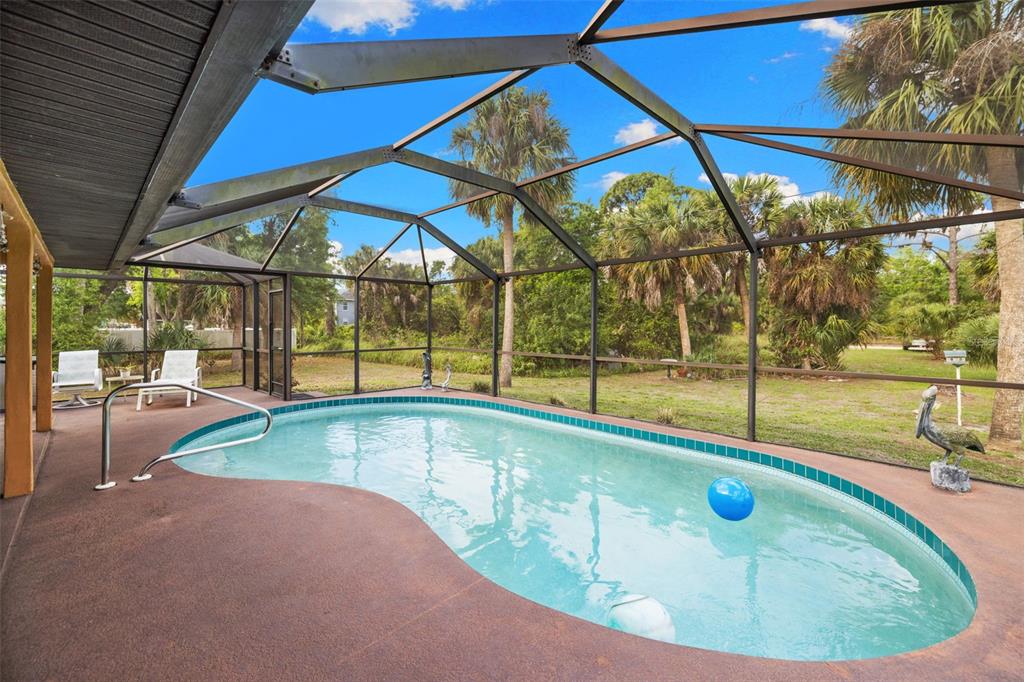 A screened-in pool enclosure features a kidney-shaped swimming pool and a concrete patio area — 4607 ATWATER DRIVE, NORTH PORT, FL