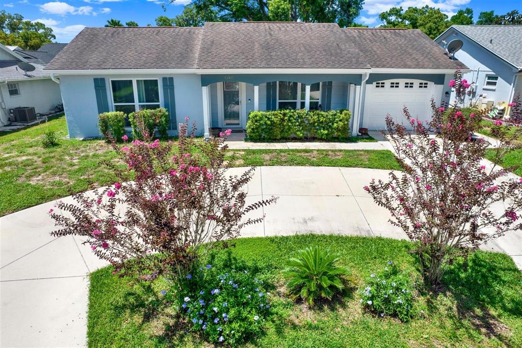 A light blue single-story house with a concrete driveway and flowering trees in the front yard — 12411 WEATHERSTONE ROW, HUDSON, FL