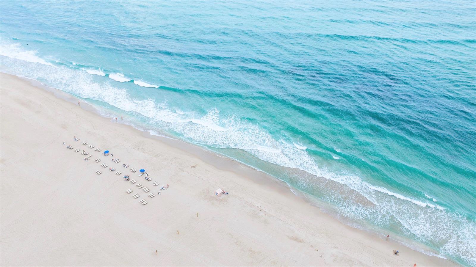 An aerial view shows a sandy beach with turquoise ocean waves and scattered beach umbrellas — 3100 N Ocean Drive # 1608, Singer Island FL 33404, SINGER ISLAND, FL