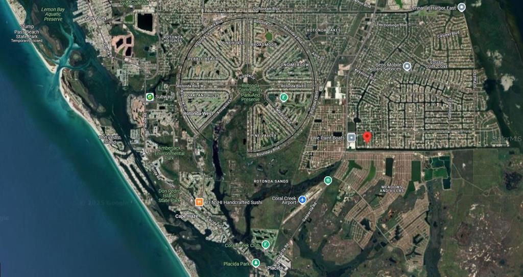 This is a satellite map view of the Rotonda West community in Florida — 10461 NEW BRITTAIN STREET, PORT CHARLOTTE, FL