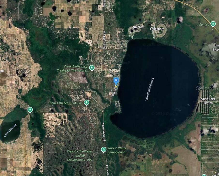 This is a satellite map showing Lake Weohyakapka and the surrounding rural landscape in Florida — 4232 CHAMABERS STREET, LAKE WALES, FL
