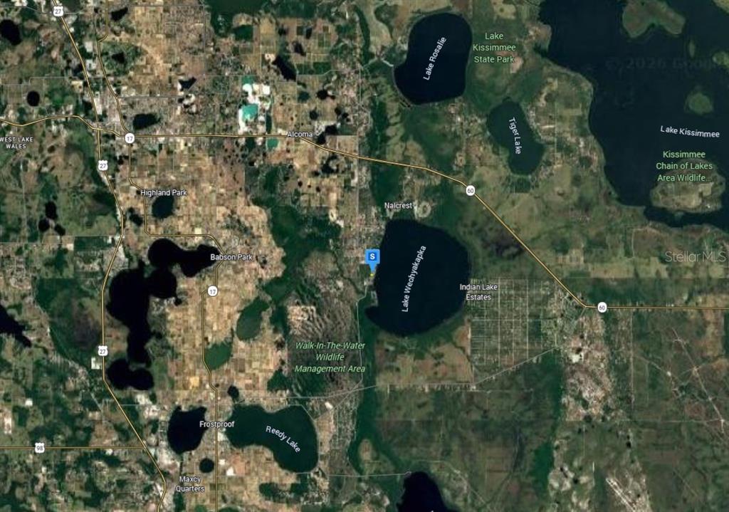 This is a satellite map showing lakes and surrounding land areas in central Florida — 4232 CHAMABERS STREET, LAKE WALES, FL