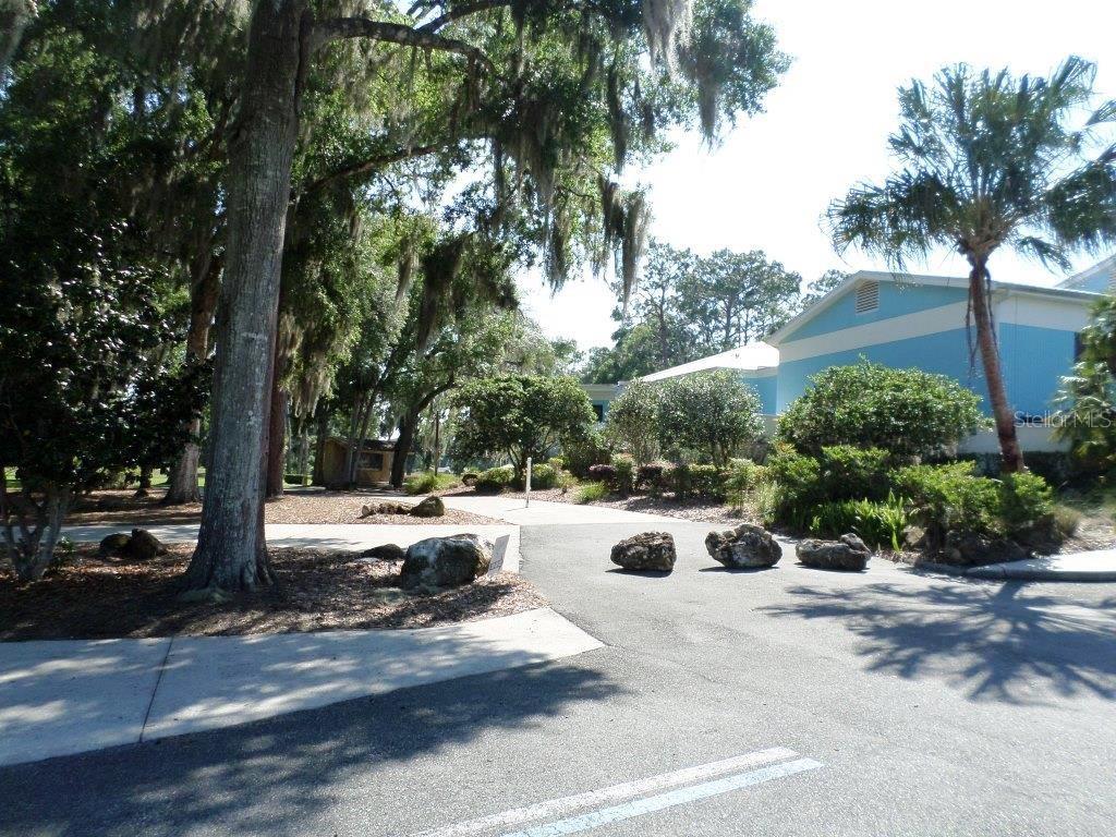 A paved driveway leads toward a light blue building surrounded by large trees and landscaping — 8518 SW 189TH COURT RD, DUNNELLON, FL