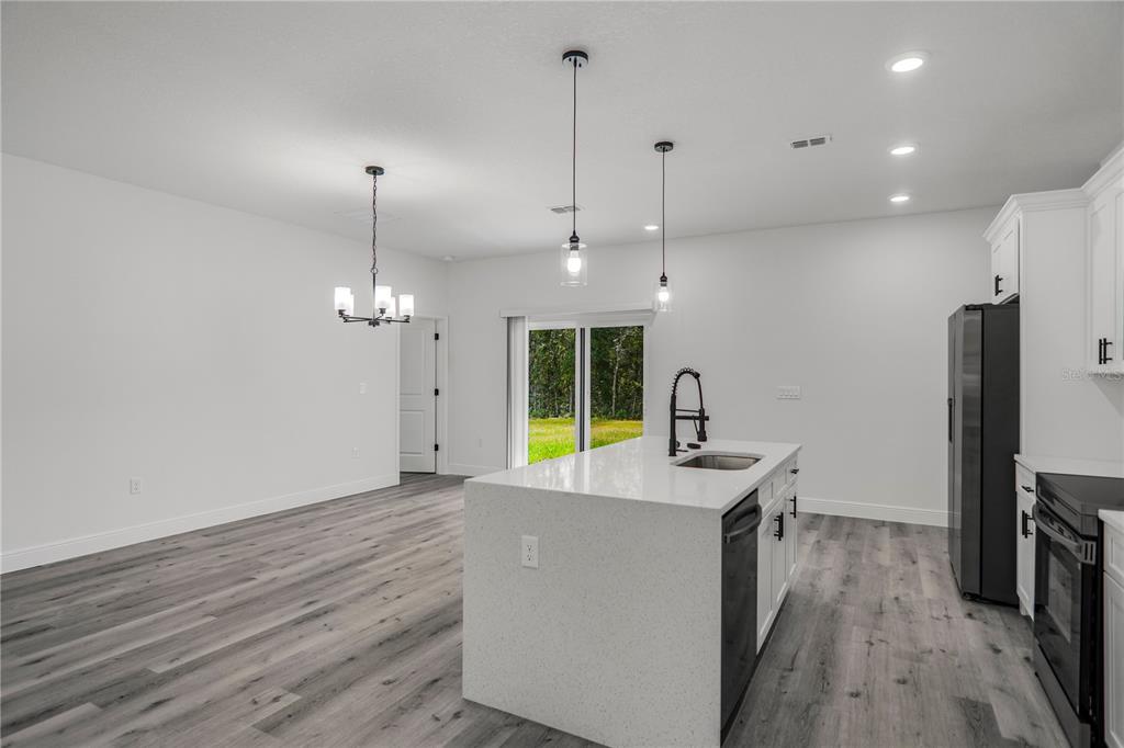 A kitchen with a white quartz island, stainless steel appliances, and wood-look flooring — 1948 W ADELIA PLACE, CITRUS SPRINGS, FL