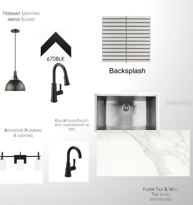 This design board displays kitchen and bathroom fixtures, lighting, tile, and countertop material samples — 3116 4TH PLACE N, ST PETERSBURG, FL