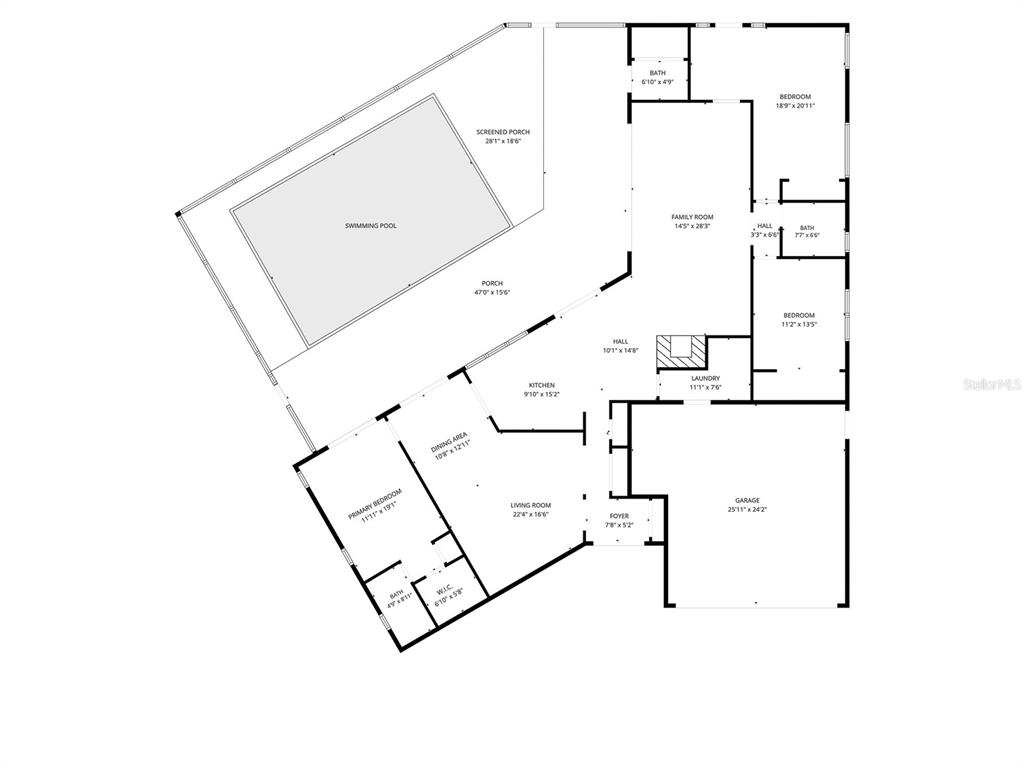 This is a floor plan of a house with a swimming pool and screened porch — 13650 96TH TERRACE, SEMINOLE, FL