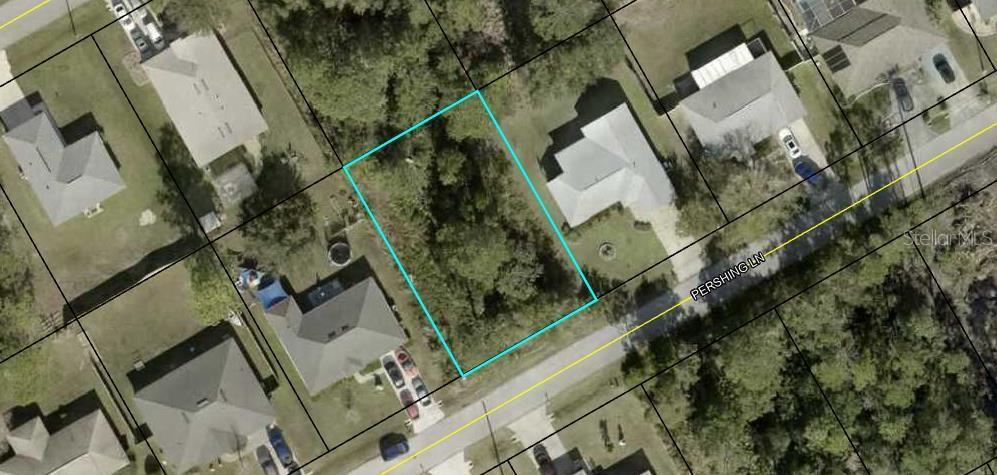 An aerial map view shows a vacant, wooded residential lot outlined in blue on Pershing Lane — 25 PERSHING LANE, PALM COAST, FL