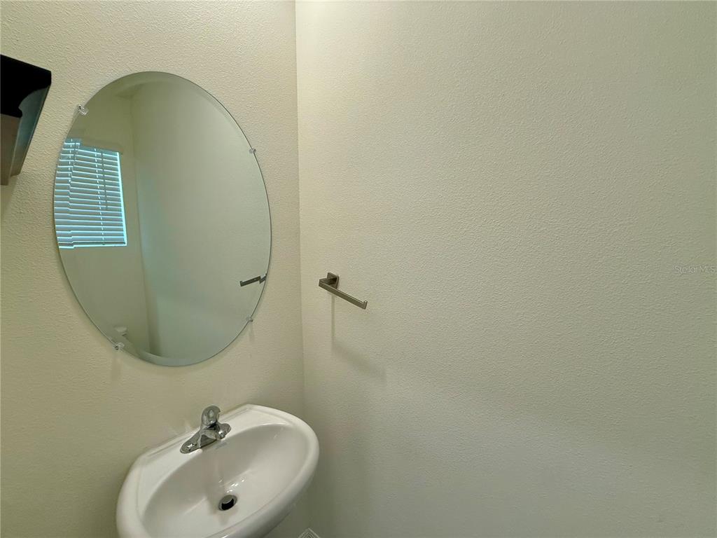 A small bathroom features a pedestal sink, an oval mirror, and a wall-mounted toilet paper holder — 34309 SORREL MINT DRIVE, WESLEY CHAPEL, FL