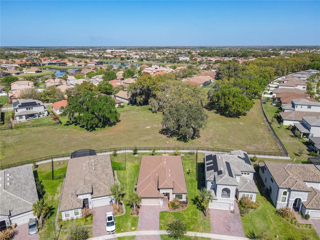 An aerial view shows a row of suburban houses bordering a large, grassy vacant lot — 1731 GOBLET COVE STREET, KISSIMMEE, FL