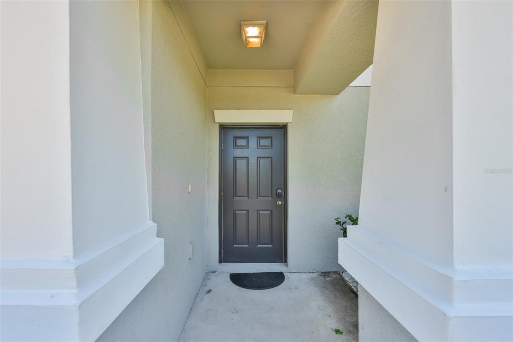 A gray front door is recessed between two white pillars under a covered entryway — 11503 SAGE CANYON DRIVE, RIVERVIEW, FL