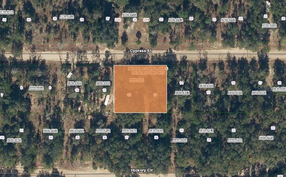 This is a map showing a highlighted rectangular land parcel located between Cypress Street and Hickory Circle — 217 CYPRESS STREET, INTERLACHEN, FL