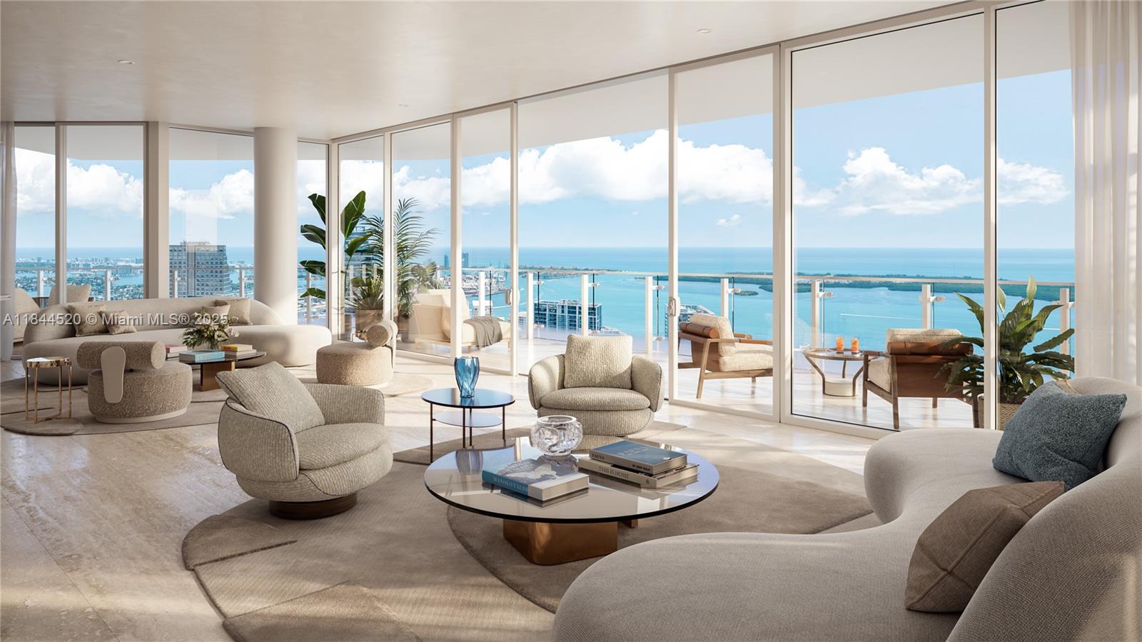 This rendering shows a modern living room with floor-to-ceiling windows overlooking the ocean — 24 SW 4th St # 601, Miami FL 33131, MIAMI, FL
