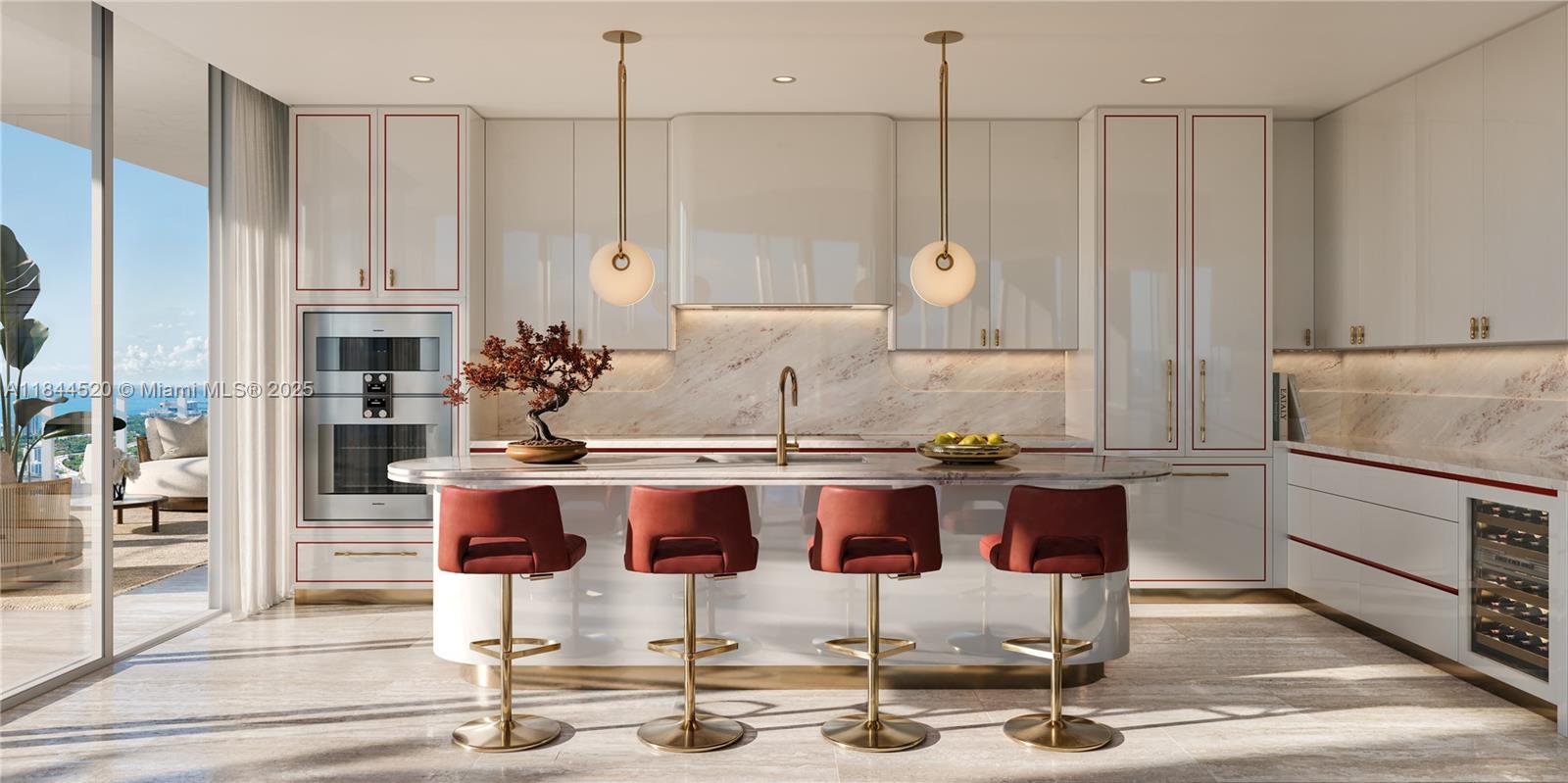 This is a rendering of a modern kitchen featuring a marble island and red-accented cabinetry — 24 SW 4th St # 601, Miami FL 33131, MIAMI, FL