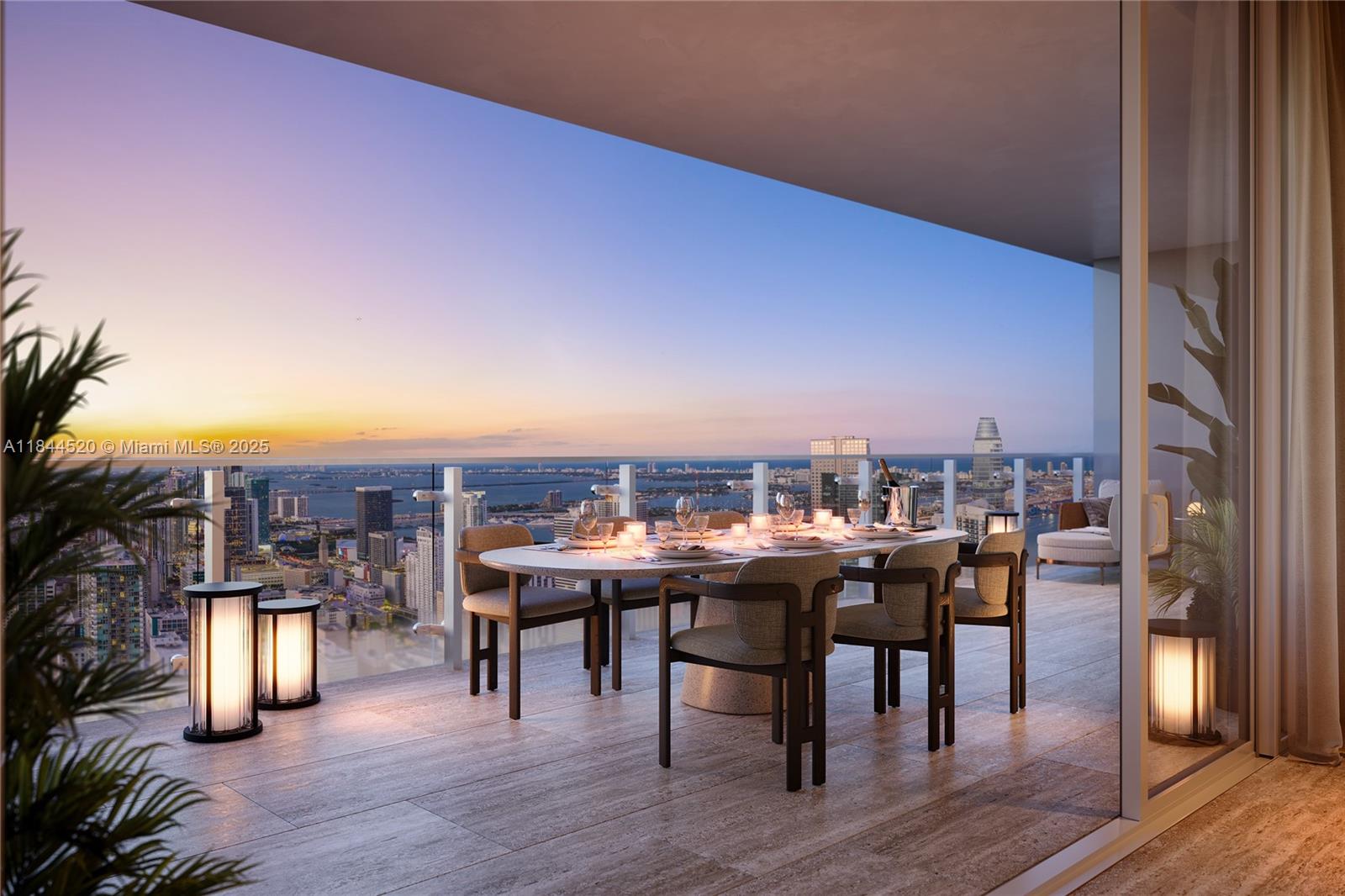 This is a rendering of a high-rise balcony featuring a dining set and city views — 24 SW 4th St # 601, Miami FL 33131, MIAMI, FL