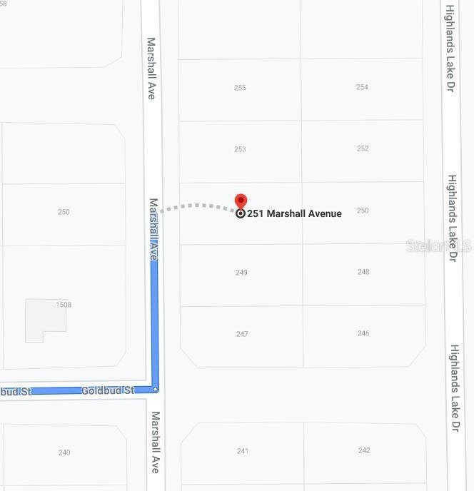This is a map showing the location of a property between Marshall Avenue and Highlands Lake Drive — 251 MARSHALL AVENUE, LAKE PLACID, FL