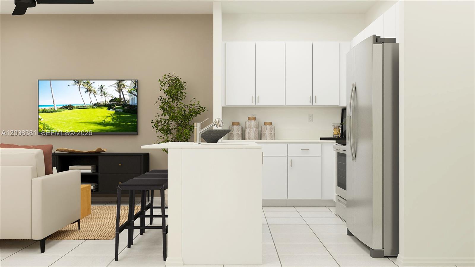 This rendering shows a modern kitchen with white cabinets, stainless steel appliances, and a breakfast bar — 13833 SW 261 TER, Miami FL 33032, MIAMI, FL